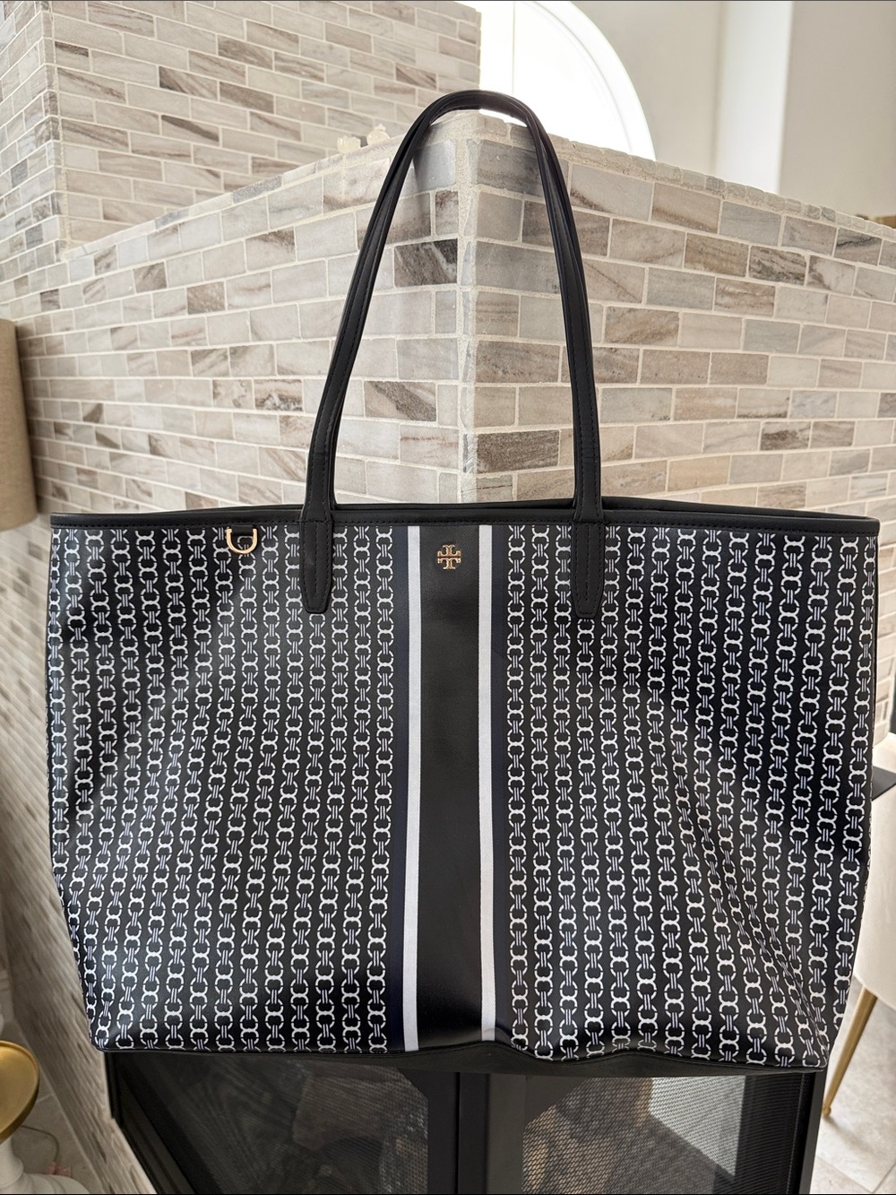 Tory Burch Gemini link coated canvas Black Tote (navy and white stripe)